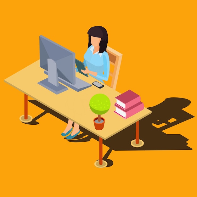 Free Vector woman working on computer at desk isometric vector