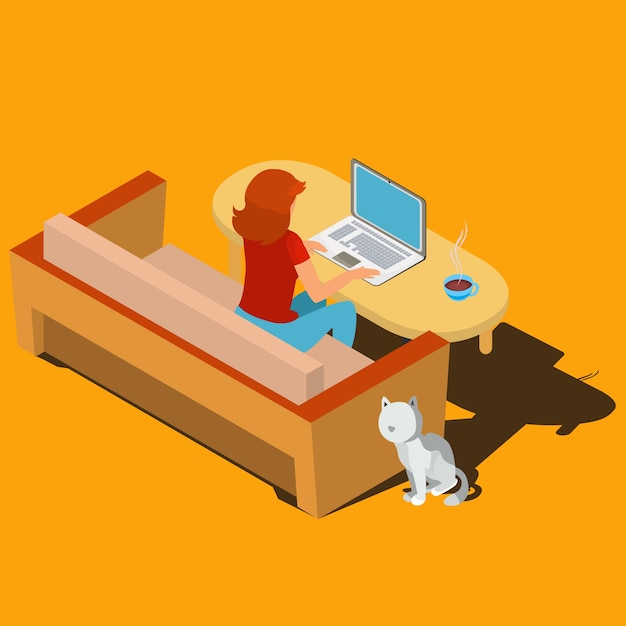 Free Vector woman working on laptop at desk isometric vector