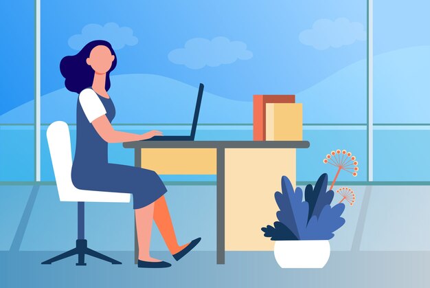 Woman working in office. Employee, worker, manager, interior flat vector illustration. Workplace, professional, business