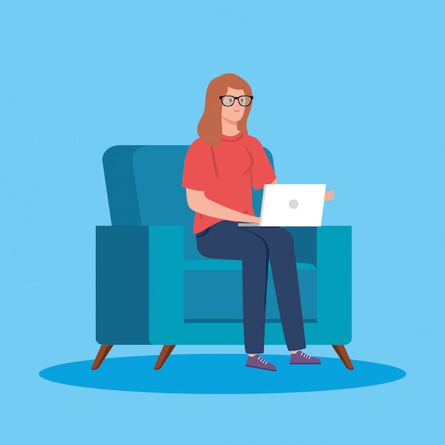 Woman working in telecommuting with laptop in couch