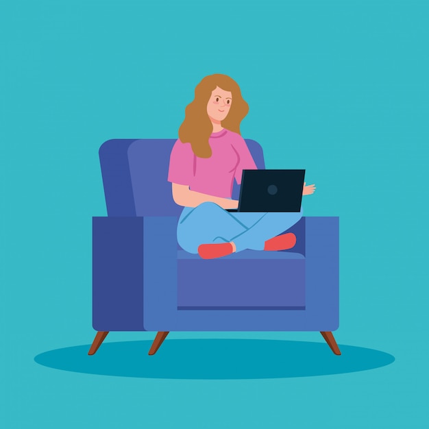 Woman working in telecommuting with laptop in couch