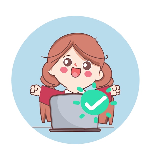 Woman working with laptop and successful Cute cartoon character doodle style