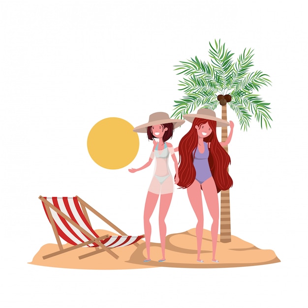 Women on the beach with swimsuit and palms