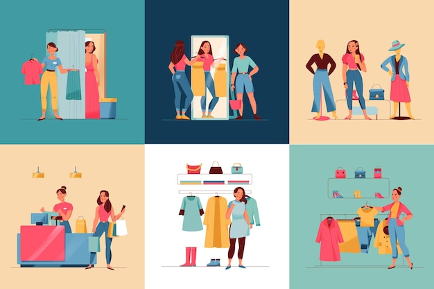 Free Vector women in clothing store square  flat isolated illustration