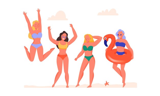 Women dancing in swimsuits on beach flat  illustration