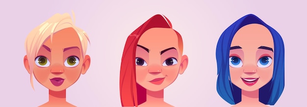 Free Vector women heads with blond red and blue hairstyles