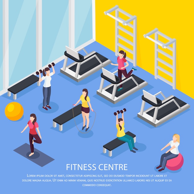 Free Vector women health isometric illustration indoor composition with human characters and fitness club room with editable text