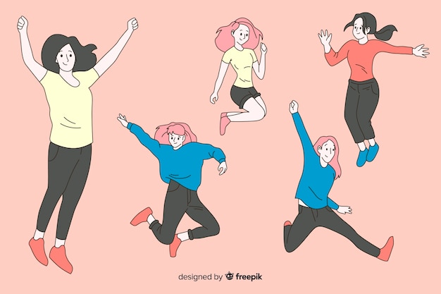 Women jumping in korean drawing style