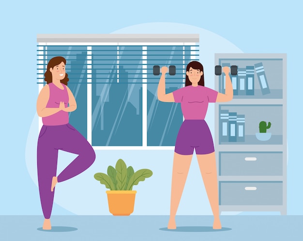 women lifting weights in the house vector illustration design