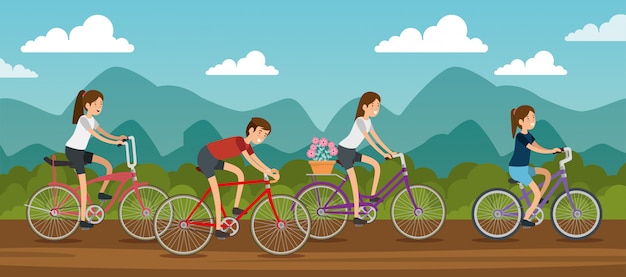 Women and man friends riding a bicycle