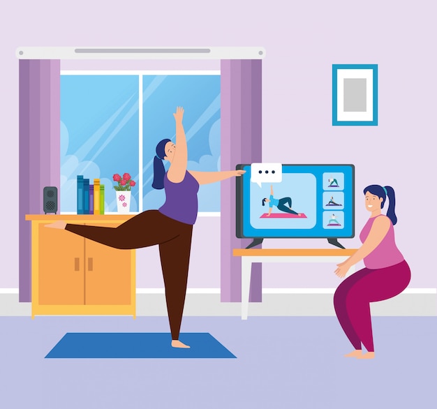 Women practicing yoga online in living room