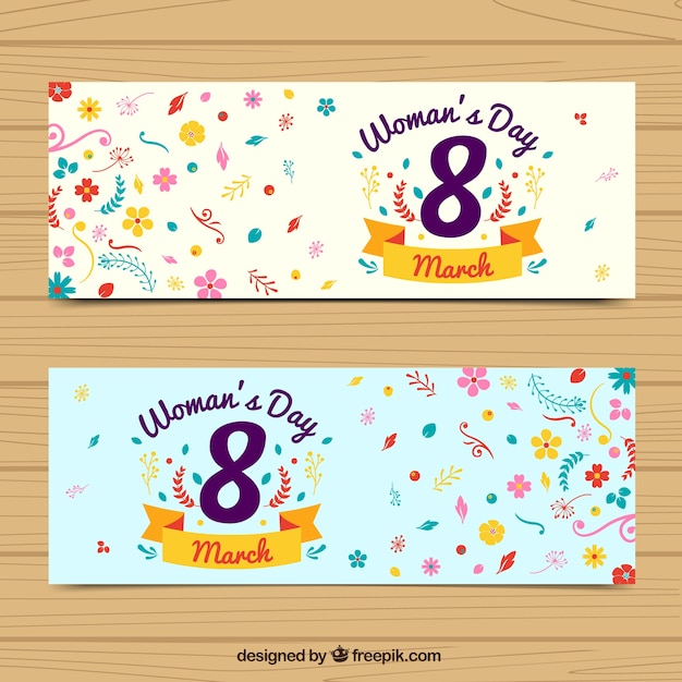 Women's day banners with colored flowers in flat design