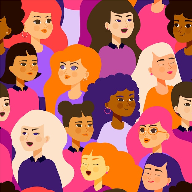 Women's day pattern with diverse women faces