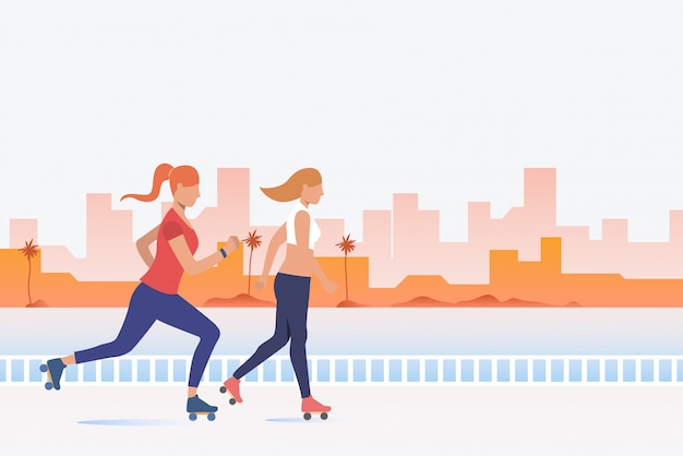 Free Vector women skating with distant buildings in background