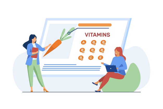 Women studying vitamins in organic food. Nutritionist presenting fresh vegetable on screen flat illustration