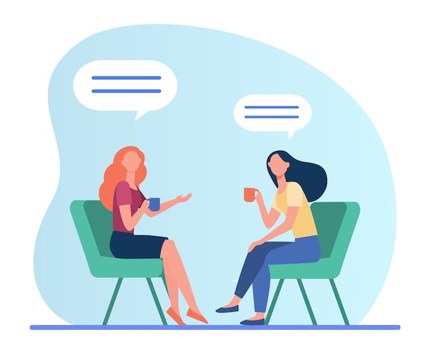 Women talking over cup of coffee. Female friends meeting in coffee shop, chat bubbles flat vector illustration. Friendship, communication