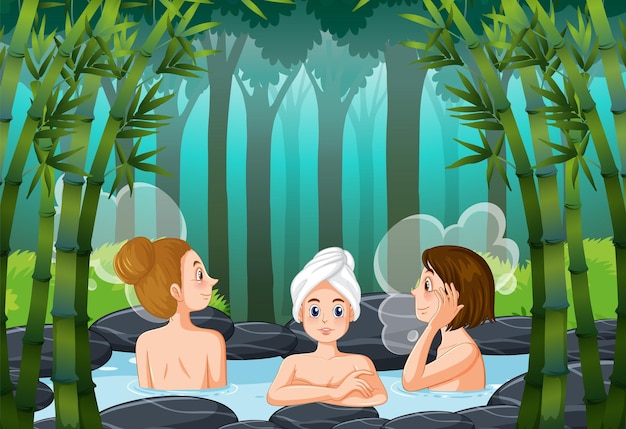 Free Vector women in thermal bath in bamboo forest