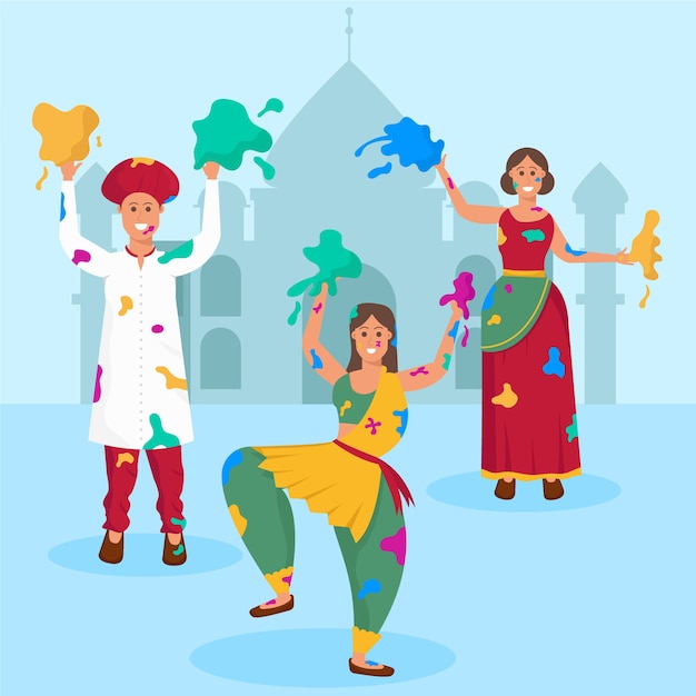 Free Vector women in traditional clothes celebrating holi festival