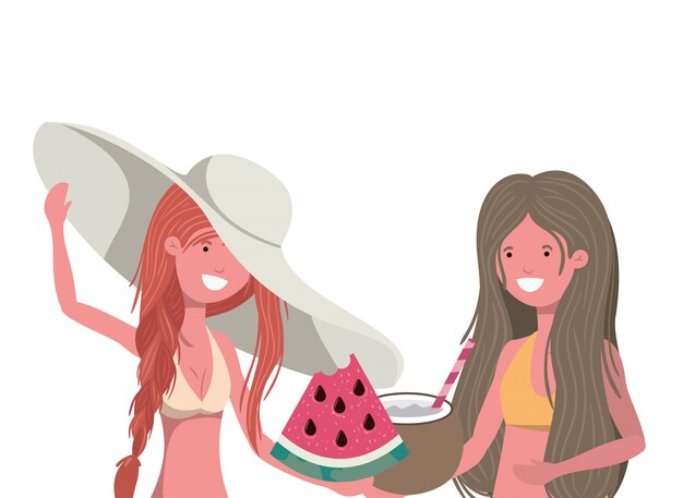 Women with portion of watermelon in hand in white 