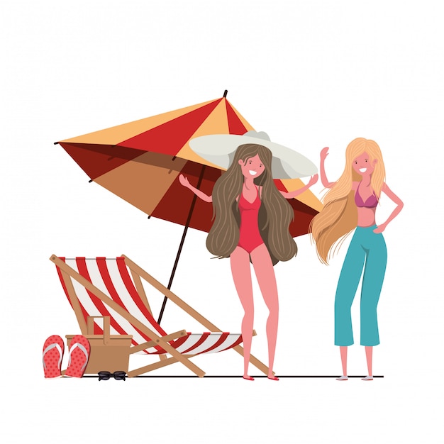 Free Vector women with swimsuit on the beach and umbrella