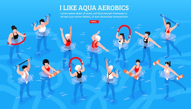 Free Vector women with various equipment during aqua aerobics class on blue isometric horizontal illustration