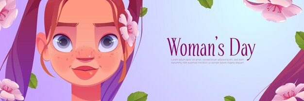 Womens day poster with pretty girl and flowers