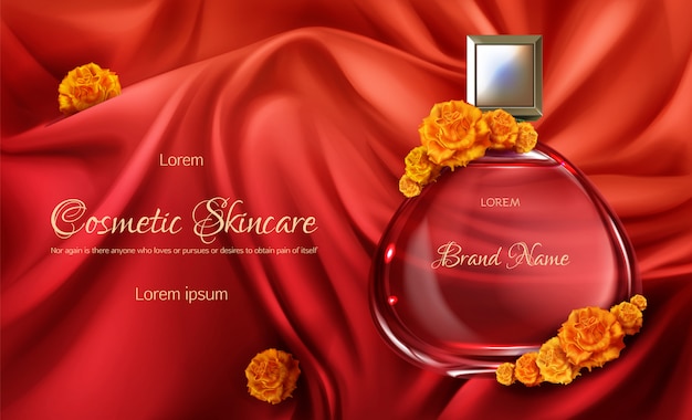 Free Vector womens perfume 3d realistic vector advertising banner or cosmetic promo poster. 