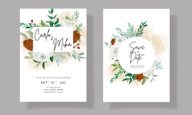 wonderful wedding invitation card set with greenery leaves white rose and pine flower