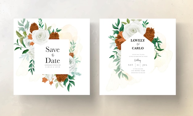 wonderful wedding invitation card set with greenery leaves white rose and pine flower