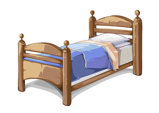 Free Vector wood bed in cartoon style. furniture interior, bedroom comfortable. vector illustration