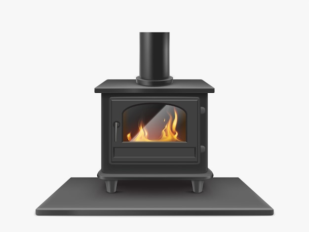 Wood burning stove, iron fireplace with fire inside isolated, indoors traditional heating system in modern style. Household equipment. Realistic 3d vector illustration, clip art