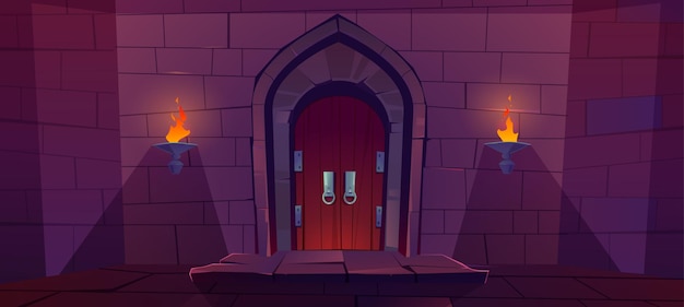 Free Vector wood door in medieval castle. old gate in stone wall with flaming torches at night.