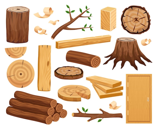 Free vector wood industry raw material and production samples flat set with tree trunk logs planks door