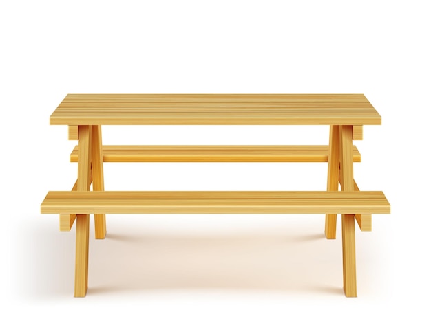 Free vector wood picnic table with benches, wooden furniture on white background.