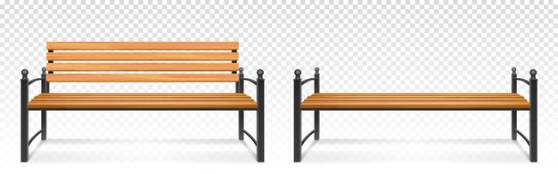 Wooden bench for park or garden. realistic set of outdoor furniture for seat, bench from wood and metal for comfortable rest outside isolated on transparent background