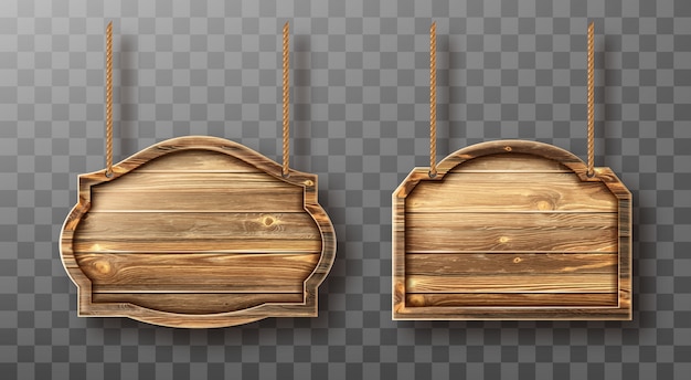 Free Vector wooden boards on ropes set. realistic signboards