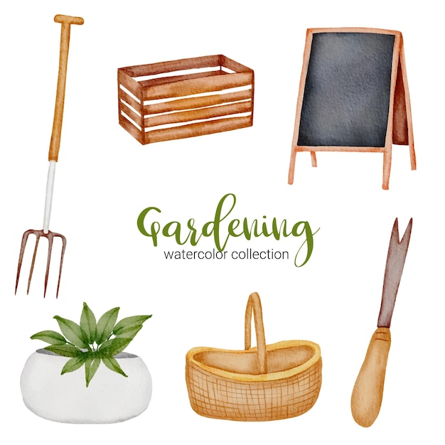 Free Vector wooden box, blackboard, basket, straw fork, plant pot and hand spade, set of gardening objects in watercolor style on the garden theme.