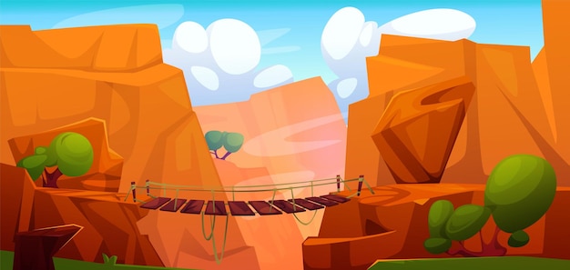 Free Vector wooden bridge on mountain cliff edges over chasm