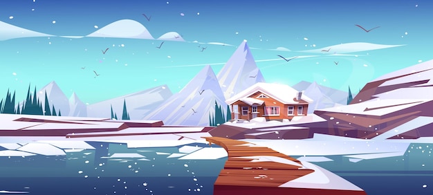 Free vector wooden cabin on shore of lake or river in winter