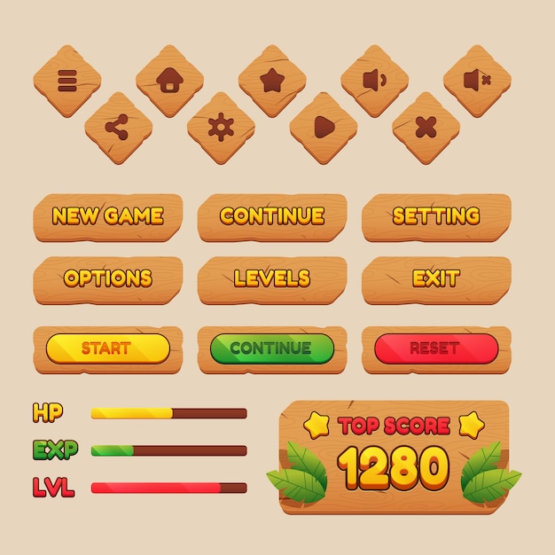 Wooden cartoon game interface collection