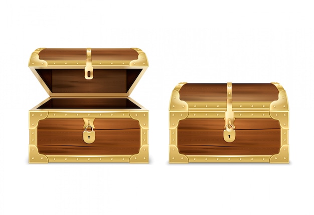 Wooden chest realistic set with images of opened and closed empty treasure coffers on white