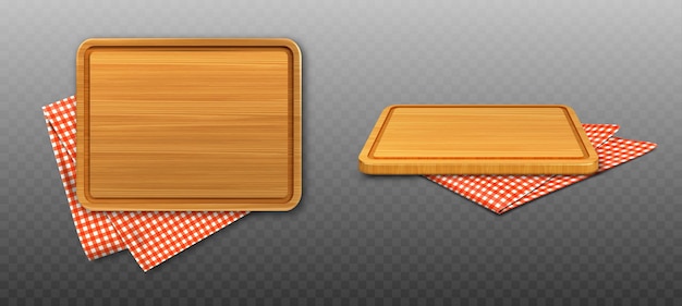 Wooden cutting board and red plaid tablecloth