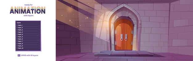 Free Vector wooden doors in medieval castle dungeon or fortress cartoon illustration of ancient interior with stone walls and arch with closed gate vector parallax background ready for 2d animation