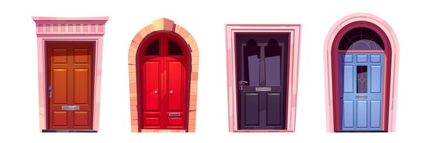 Wooden doors with stone doorjambs, metal handles and slot for mail