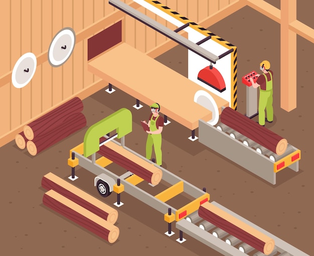 Free Vector wooden furniture production process with logs on conveyor and factory workers 3d isometric illustration