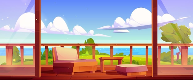 Free vector wooden house terrace on sea shore