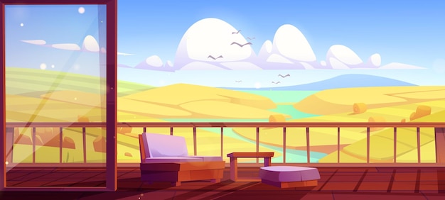 Free vector wooden house terrace with autumn countryside view