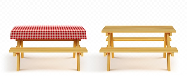 Free Vector wooden picnic table with benches and red plaid tablecloth