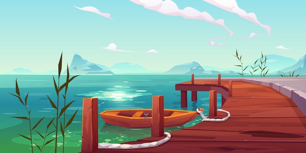 Free Vector wooden pier and boat on river natural landscape