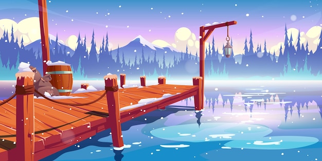 Wooden pier on winter lake